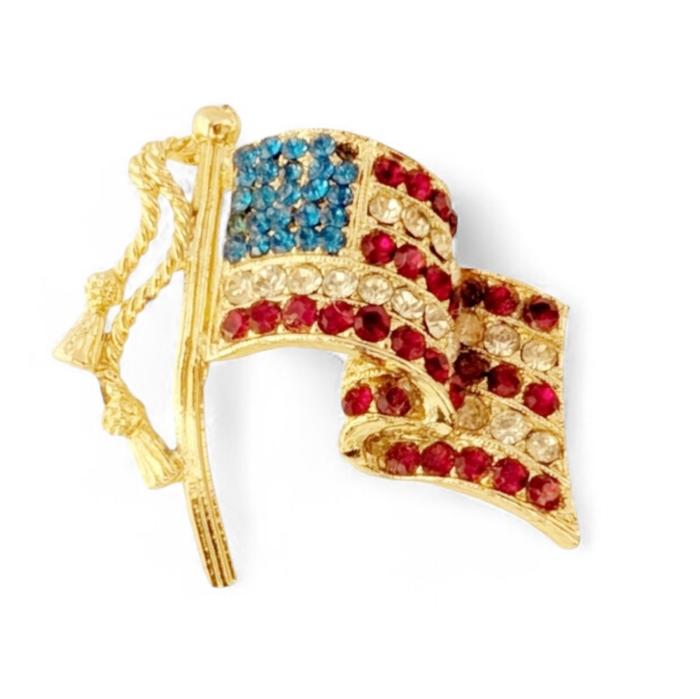VINTAGE American Flag Brooch Gold Rhinestone Red White Blue Lapel Pin Old Glory